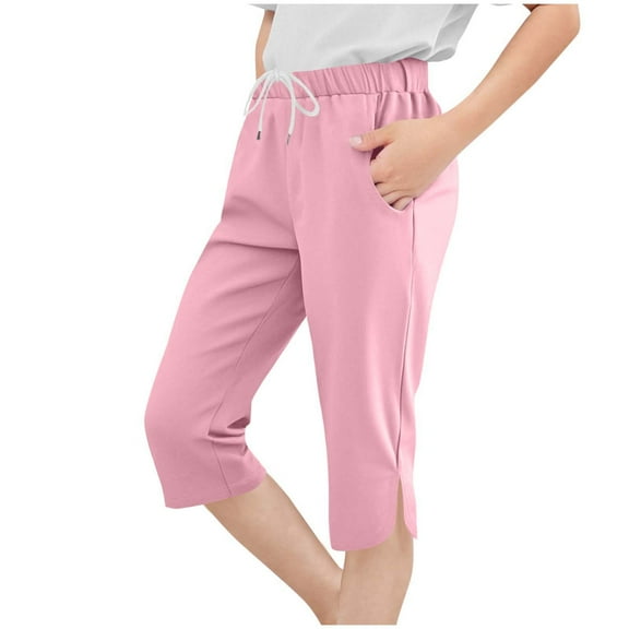 Lenpel Girls' Capri Yoga Pants Children Drawstring Elastic Waist Side Split Cropped Lounge Pants Casual Workout Capris Sweatpants