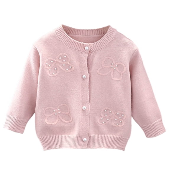 Lenpel Girls' Cardigan Sweaters Toddler Baby Crew Neck Long Sleeve Embroidered Button down Knit Cardigans Casual Outwear Jackets(Pink,2-3 Years)