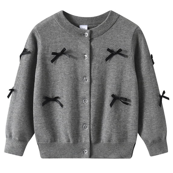 Lenpel Girls' Cardigan Sweaters Toddler Crew Neck Long Sleeve Bow Knots Button down Knit Cardigans Casual Outwear Jackets(Gray,7-8 Years)