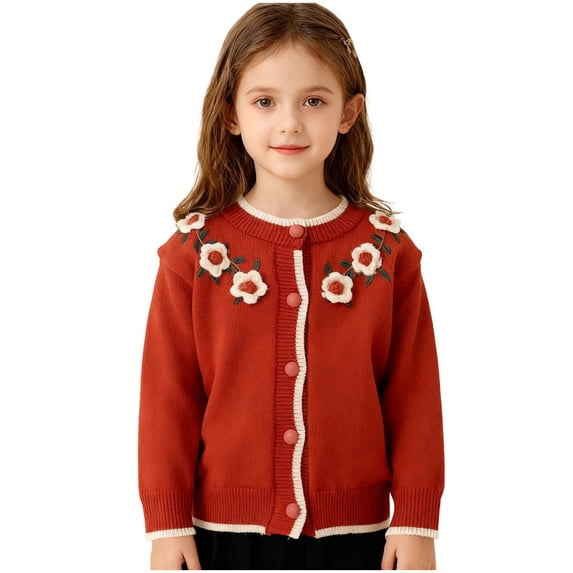 Lenpel Girls' Cardigan Sweaters Toddler Crewneck Long Sleeve Floral Embroidered Button down Knit Cardigans Casual Outwear Jackets(Wine,2-3 Years)