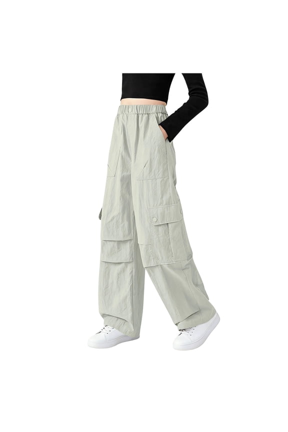 Girls' Cargo Pants Cotton Elastic High Waisted Pull on Pleated Wide Leg Pants Baggy Casual Trousers with Pockets