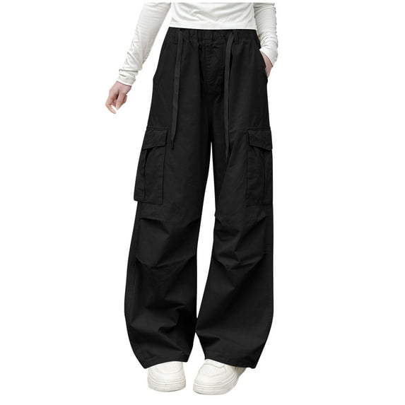 Lenpel Girls' Cargo Pants Lightweight Elastic High Waisted Drawstring Pleated Wide Leg Joggers Baggy Streetwear Casual Trousers(Black,9-10 Years)