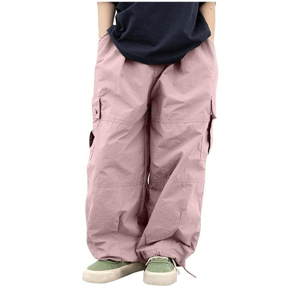 Lenpel Girls' Cargo Pants Toddler Lightweight Wide Leg Loose Casual Joggers Baggy Streetwear Trousers with Pockets