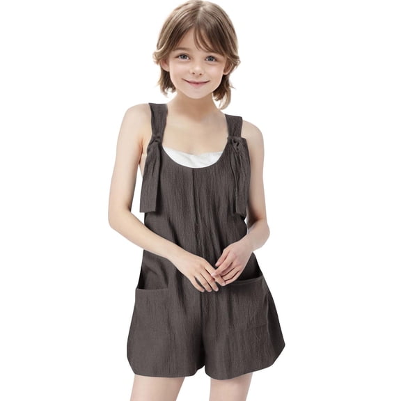 Lenpel Girls' Casual Jumpsuits Adjustable Strap Scoop Neck Sleeveless Loose Short Rompers Summer Overall Shorts with Pockets