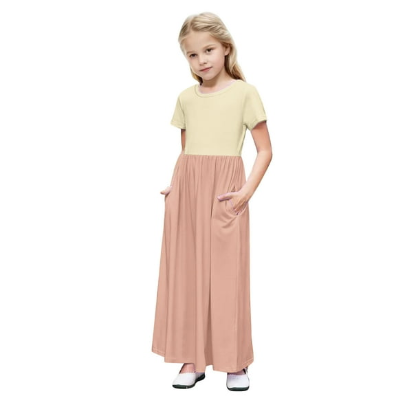 Lenpel Girls' Casual Maxi Dress Short Sleeve Crew Neck Color Block A-Line Dress Summer Long Dresses with Pockets 4-14 Y