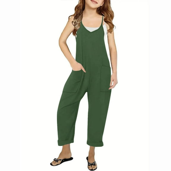 Lenpel Girls' Casual Sleeveless Jumpsuits Spaghetti Strap V Neck Straight Leg Long Pant Rompers One Piece Outfits with Pockets(Army Green,11-12 Years)