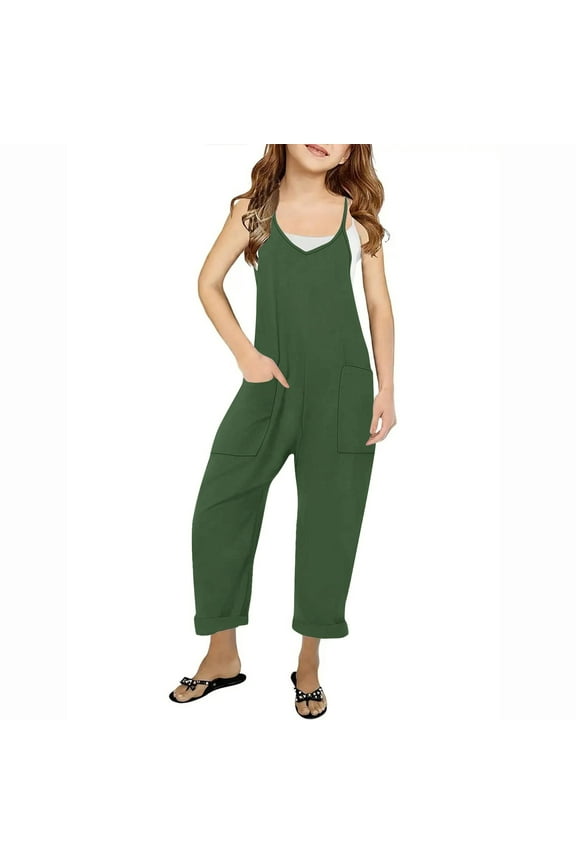 Girls' Casual Sleeveless Jumpsuits Spaghetti Strap V Neck Straight Leg Long Pant Rompers One Piece Outfits with Pockets(Army Green,13-14 Years)