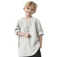 thumbnail image 1 of Lenpel Girls' Cotton Linen Tops Children Spring Summer V Neck Quarter Button Long Sleeve Shirts Loose Casual Blouses 3-12 Y, 1 of 7