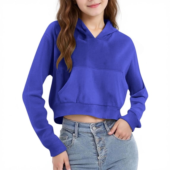 Lenpel Girls' Cropped Hoodies Casual Long Sleeve Solid Color Hooded Sweatshirts Pullover Crop Tops with Pocket(Blue,4-5 Years)