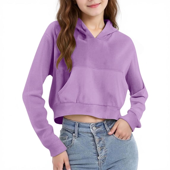 Lenpel Girls' Cropped Hoodies Casual Long Sleeve Solid Color Hooded Sweatshirts Pullover Crop Tops with Pocket(Purple,11-12 Years)