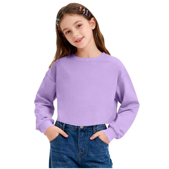 Lenpel Girls' Cropped Sweatshirts Cotton Crew Neck Long Sleeve Pullover Crop Tops Children Casual Sweatshirts(Purple,11-12 Years)