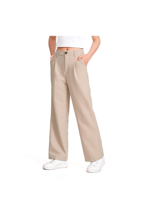Girls' Dress Pants Children Baggy Elastic High Waisted Zip Button Pleated Straight Leg Casual Trousers Informal School Pants(Khaki,10-11 Years)
