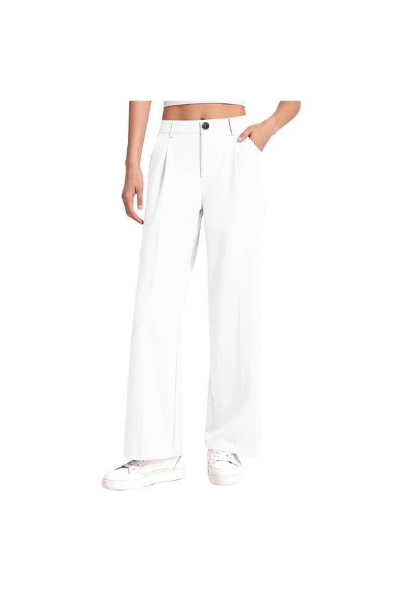 Girls' Dress Pants Children Baggy Elastic High Waisted Zip Button Pleated Straight Leg Casual Trousers Informal School Pants(White,10-11 Years)
