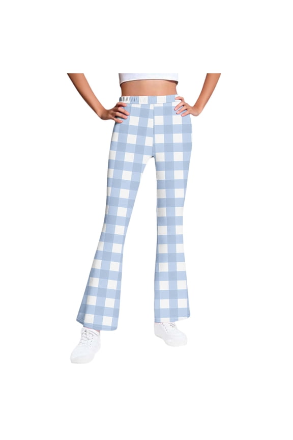 Girls' Flare Leggings Kids Fleece Lined High Waisted Pull on Plaid Bell Bottom Workout Yoga Pants Bootcut Casual Pants(Light Blue,11-12 Years)