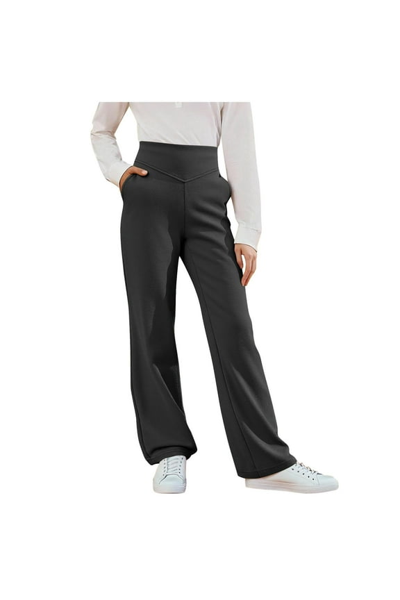 Girls' Flare Leggings Soft Casual High Waisted Pull on Bell Bottom Dance Yoga Pants Bootcut Lounge Workout Pants with Pockets(Black,14-15 Years)