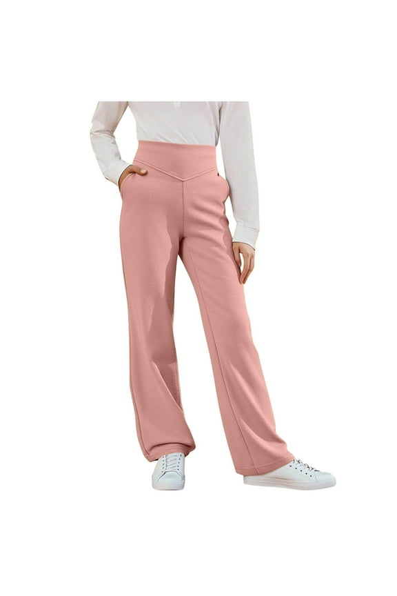 Girls' Flare Leggings Soft Casual High Waisted Pull on Bell Bottom Dance Yoga Pants Bootcut Lounge Workout Pants with Pockets(Pink,14-15 Years)