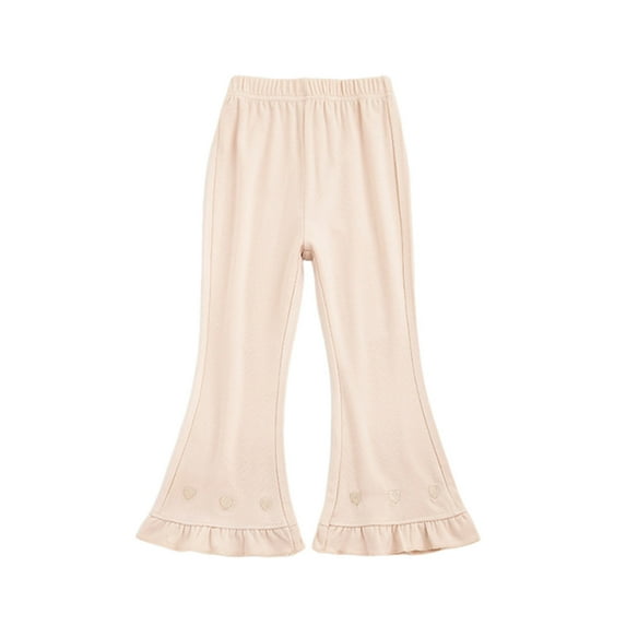 Lenpel Girls' Flare Pants Cotton Elastic Waist Bell Bottom Heart Embroidered Pull on Pants Bootcut Casual Trousers 3-9 Y(Beige,7-8 Years)