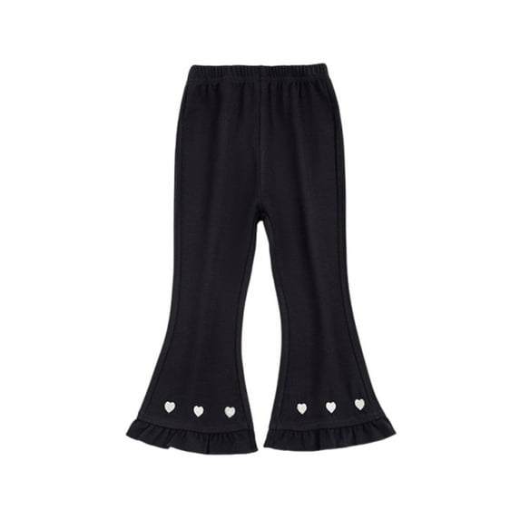 Lenpel Girls' Flare Pants Cotton Elastic Waist Bell Bottom Heart Embroidered Pull on Pants Bootcut Casual Trousers 3-9 Y(Black,7-8 Years)