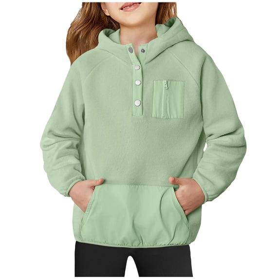 Lenpel Girls' Fleece Hoodies Long Sleeve Quarter Button Pockets Fuzzy Warm Pullover Sweatshirts Fall Winter Outfits