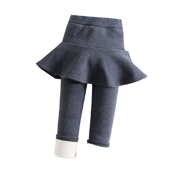 Lenpel Girls' Fleece Lined Leggings with Skirt Cotton Winter Warm Stretchy Slim Ruffle Skirted Pants Thick Footless Tights(Dark Gray,7-8 Years)