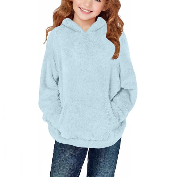 Lenpel Girls' Fuzzy Fleece Hoodies Casual Long Sleeve Pullover Sweater Tops Plush Warm Hooded Sweatshirts with Pocket for Kids(Light Blue,13-14 Years)