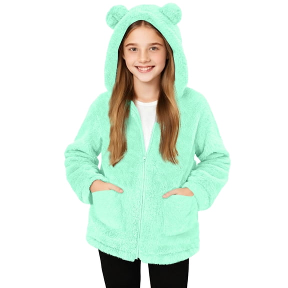 Lenpel Girls' Fuzzy Fleece Hoodies Plush Warm Long Sleeve Zip up Ear Hooded Sweatshirts Cozy Casual Jackets with Pockets(Green,4-5 Years)