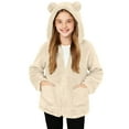 thumbnail image 1 of Lenpel Girls' Fuzzy Fleece Hoodies Plush Warm Long Sleeve Zip up Ear Hooded Sweatshirts Cozy Casual Jackets with Pockets(Khaki,4-5 Years), 1 of 6