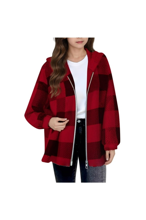 Girls' Fuzzy Fleece Jackets Plaid Long Sleeve Zip up Oversized Hoodies Plush Warm Outerwear Coats with Pocket(Red,15-16 Years)
