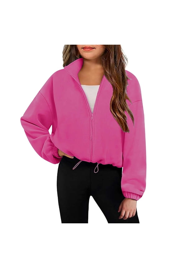 Girls' Fuzzy Fleece Jackets Zip up Collared Long Sleeve Plush Cropped Sweatshirts Warm Outwear Coat with Pockets(Red,12-13 Years)