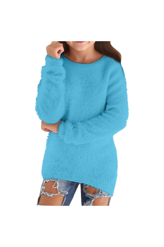 Girls' Fuzzy Fleece Oversized Sweatshirts Long Sleeve Crew Neck Slim Pullover Sweater Tops Plush Tunic Sweatshirts(Light Blue,11-12 Years)