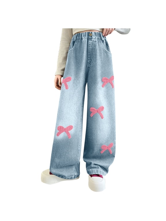 Girls' Jeans Kids Elastic High Waisted Pull on Bow Embroidery Wide Leg Pants Baggy Casual Pants with Pockets(Pink,9-10 Years)