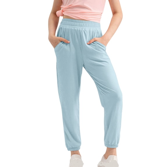 Lenpel Girls' Joggers Elastic High Waisted Tapered Ribbed Comfy Workout Lounge Pants Lightweight Casual Trousers with Pockets