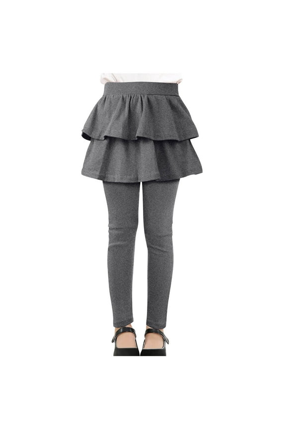 Girls' Leggings with Ruffle Skirts Elastic High Waisted Full Length Footless Tiered Skirted Leggings Slim Workout Dance Pants(Gray,13-14 Years)