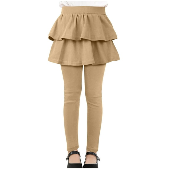 Lenpel Girls' Leggings with Ruffle Skirts Elastic High Waisted Full Length Footless Tiered Skirted Leggings Slim Workout Dance Pants(Khaki,11-12 Years)