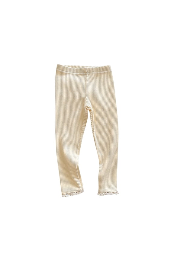 Girls' Leggings Toddler Baby Full Length Lace Hem Ribbed Knit Footless Tights Newborn Infant Long Pants(Beige,5-6 Years)