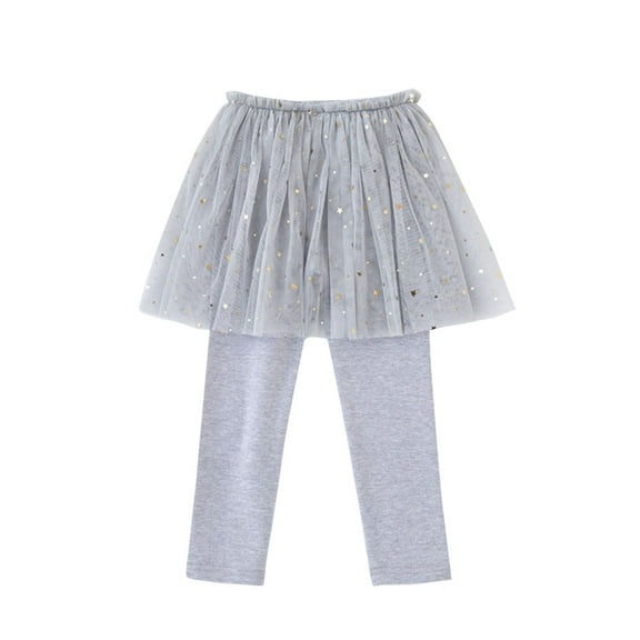 Lenpel Girls' Leggings with Mesh Skirts High Waisted Slim Ruffle Sparkly Skirted Pants Toddler Footless Tights 2-10 Y(Gray,3-4 Years)