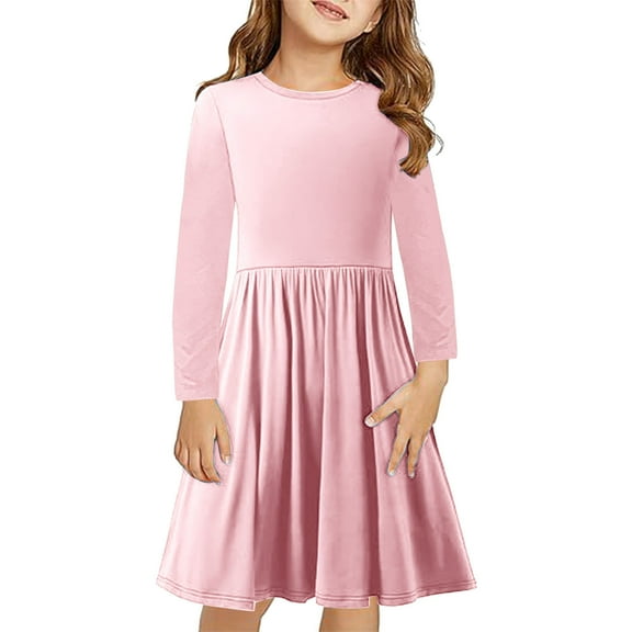 Lenpel Girls' Long Sleeve Dresses Casual Crew Neck Solid Color A-Line Dress Spring Fall Outfits for 4-14 Years