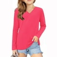 thumbnail image 1 of Lenpel Girls' Long Sleeve Shirts Casual V Neck Solid Color Tunic Tops Spring Fall Soft Blouses for 3-14 Years, 1 of 5