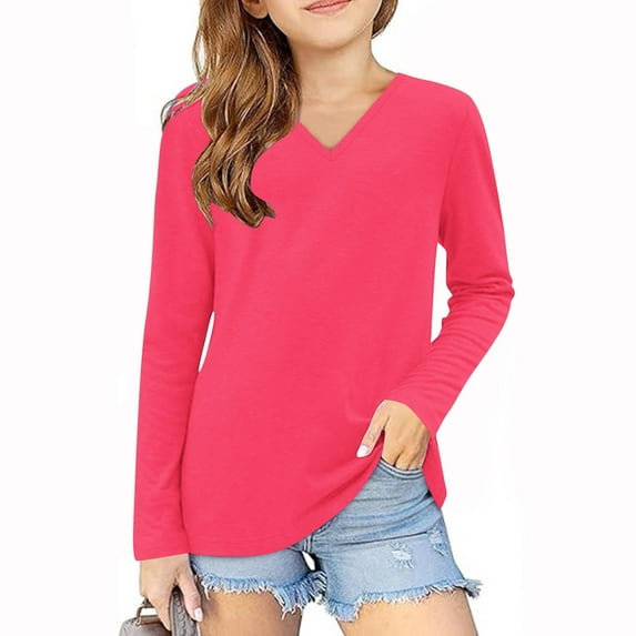 Lenpel Girls' Long Sleeve Shirts Casual V Neck Solid Color Tunic Tops Spring Fall Soft Blouses for 3-14 Years
