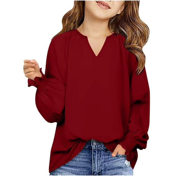 Lenpel Girls' Long Sleeve Shirts Fashion V Neck Solid Color Casual Tunic Tops Spring Fall Blouses for Big Girls