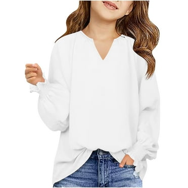 Lenpel Girls' Long Sleeve Shirts Fashion V Neck Solid Color Casual Tunic Tops Spring Fall Blouses for Big Girls
