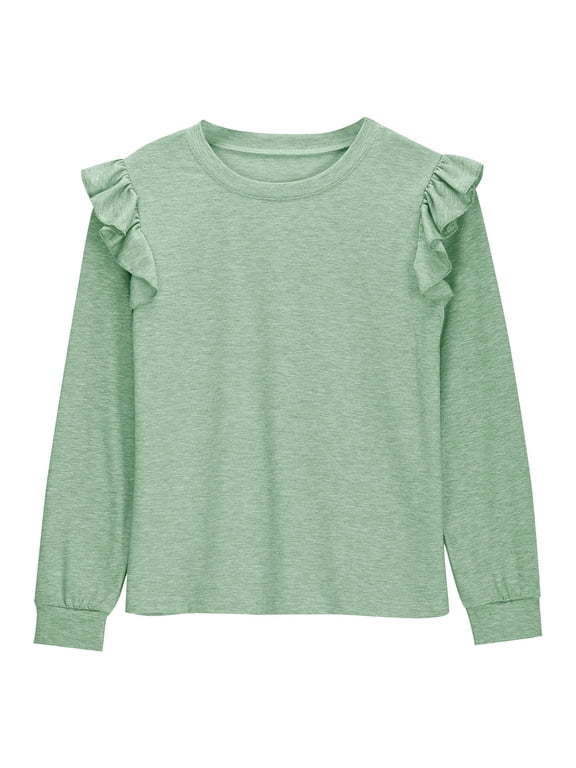 Girls' Long Sleeve Shirts Soft Crew Neck Ruffle Shoulder Solid Color T-Shirts Casual Loose Tee Tops 4-12 Y