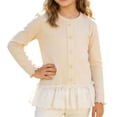 thumbnail image 1 of Lenpel Girls' Long Sleeve T-Shirts Fleece Casual Crew Neck Button Front Patchwork Lace Hem Tee Tops Soft Warm Blouses(Beige,5-6 Years), 1 of 6