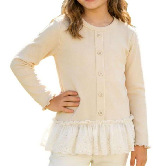 Lenpel Girls' Long Sleeve T-Shirts Fleece Casual Crew Neck Button Front Patchwork Lace Hem Tee Tops Soft Warm Blouses(Beige,5-6 Years)