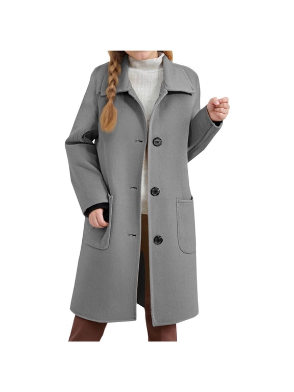 Girls' Overcoats Fall Winter Warm Long Sleeve Collared Button down Long Jackets Mid Length Outwear Coats with Pockets(Gray,4-5 Years)