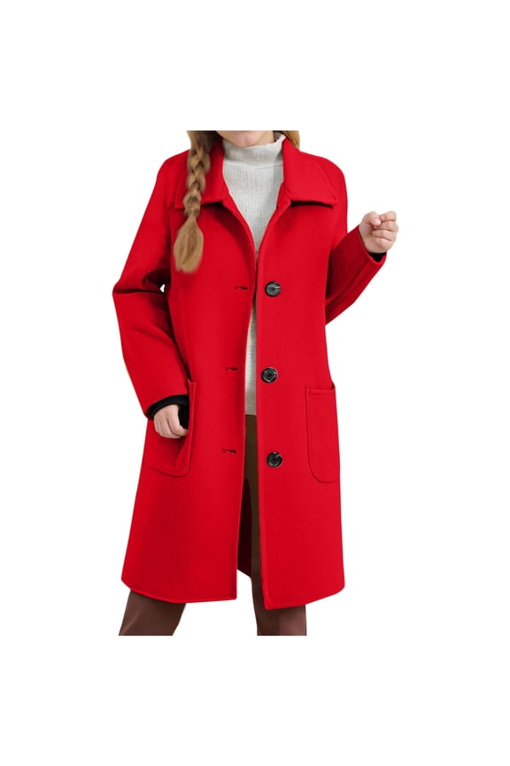 Girls' Overcoats Fall Winter Warm Long Sleeve Collared Button down Long Jackets Mid Length Outwear Coats with Pockets(Red,10-11 Years)