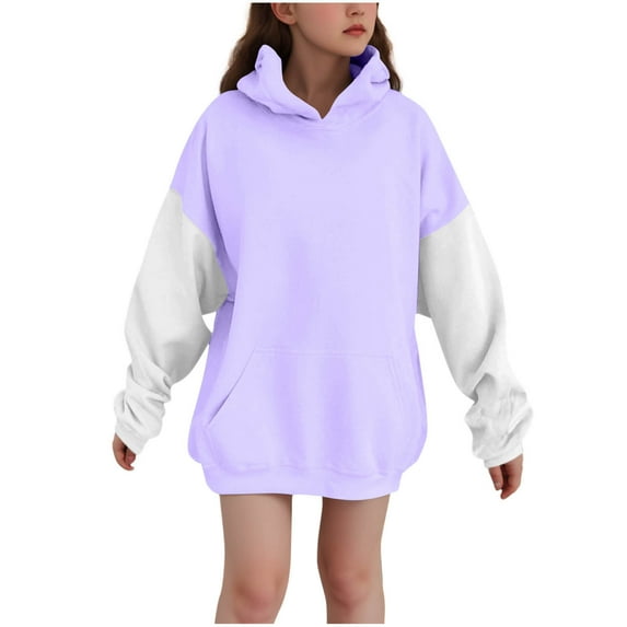 Lenpel Girls' Oversized Hoodies Casual Long Sleeve Color Block Hooded Sweatshirts Pullover Sweatshirt Tops with Pocket(Purple,13-14 Years)