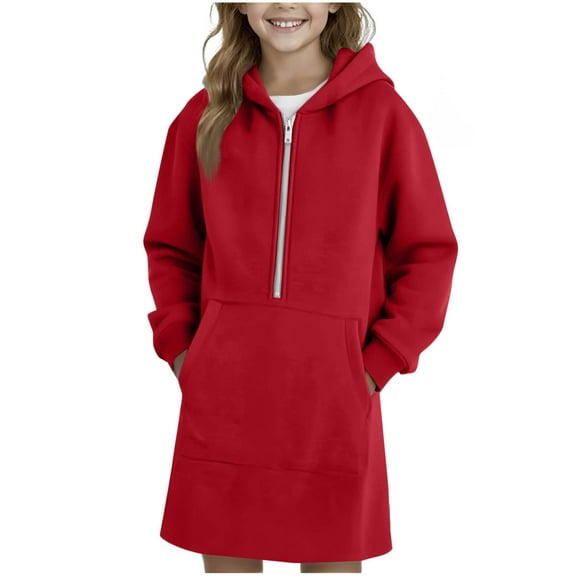 Lenpel Girls' Oversized Hoodies Casual Long Sleeve Half Zip Hooded Tunic Sweatshirts Pullover Sweatshirt Tops with Pocket(Red,12-13 Years)
