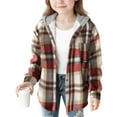 thumbnail image 1 of Lenpel Girls' Plaid Shackets Children Fleece Long Sleeve Curved Hem Button down Hoodies Warm Outwear Coats with Pockets(Brown,14-15 Years), 1 of 5