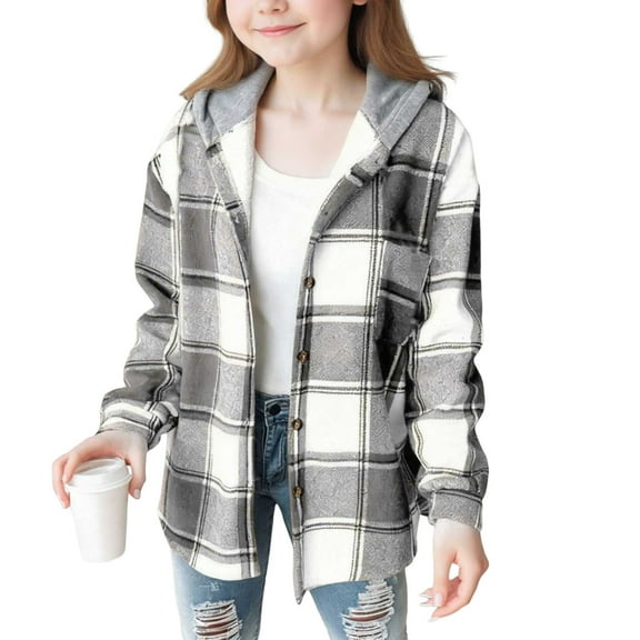 Lenpel Girls' Plaid Shackets Children Fleece Long Sleeve Curved Hem Button down Hoodies Warm Outwear Coats with Pockets(Gray,12-13 Years)